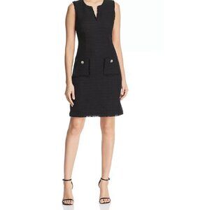 Karl Lagerfeld Black Tweed Sheath Lined Dress Sz. 2 Raw Hem Split V Neck Pearl